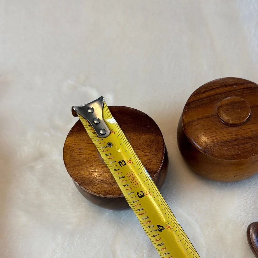 Mid-Century Wooden Dining Set with Carved Handles African Motif Condiment Bowls